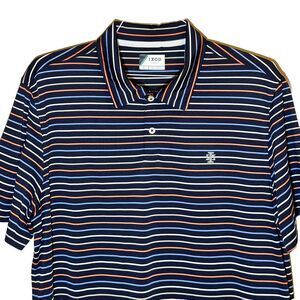 Mens IZOD Golf Polo Blue Orange Striped Short Sleeve Performance Stretch Size L